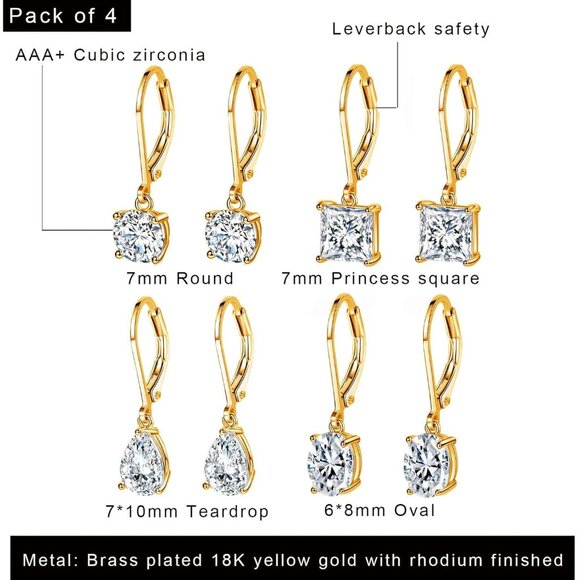 18K Gold Plated Dangle Earrings Set for Women with Cubic Zirconia, Hypoallergeni - Picture 2 of 7